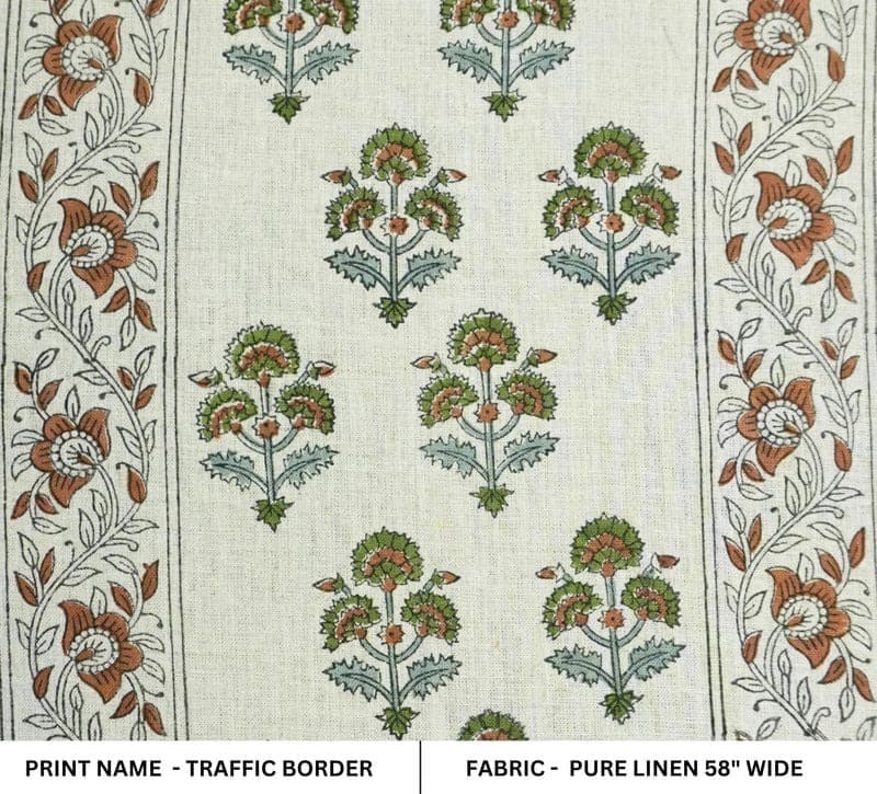 Handcarfted Block Print Green Pure Linen Fabric  – Traffic Border