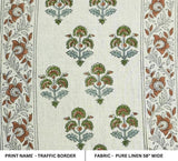 Handcarfted Block Print Green Pure Linen Fabric  – Traffic Border