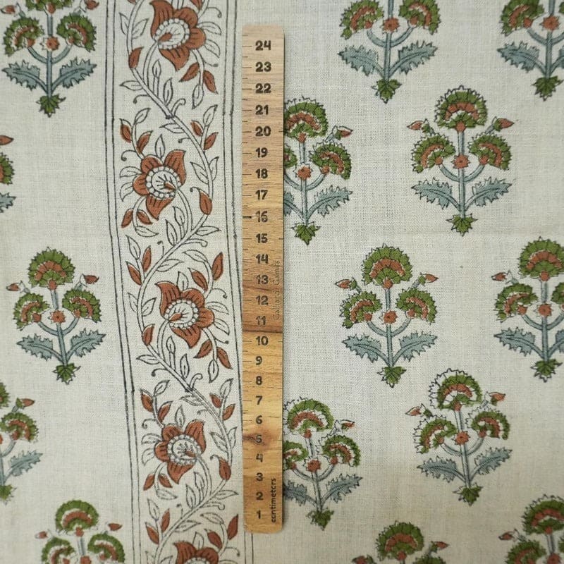 Handcarfted Block Print Green Pure Linen Fabric  – Traffic Border