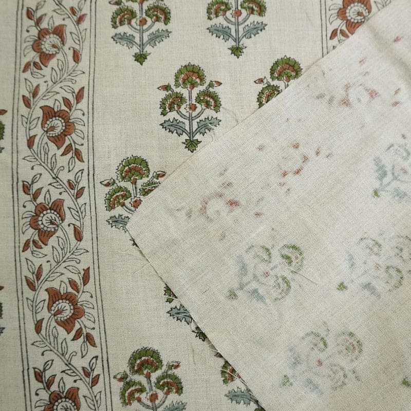 Handcarfted Block Print Green Pure Linen Fabric  – Traffic Border