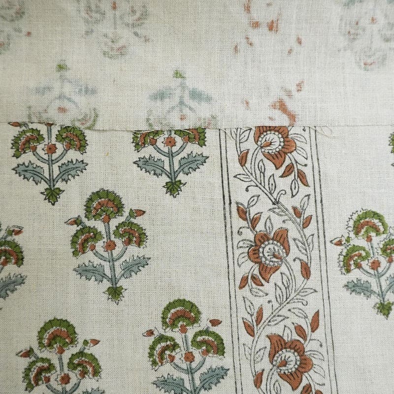 Handcarfted Block Print Green Pure Linen Fabric  – Traffic Border