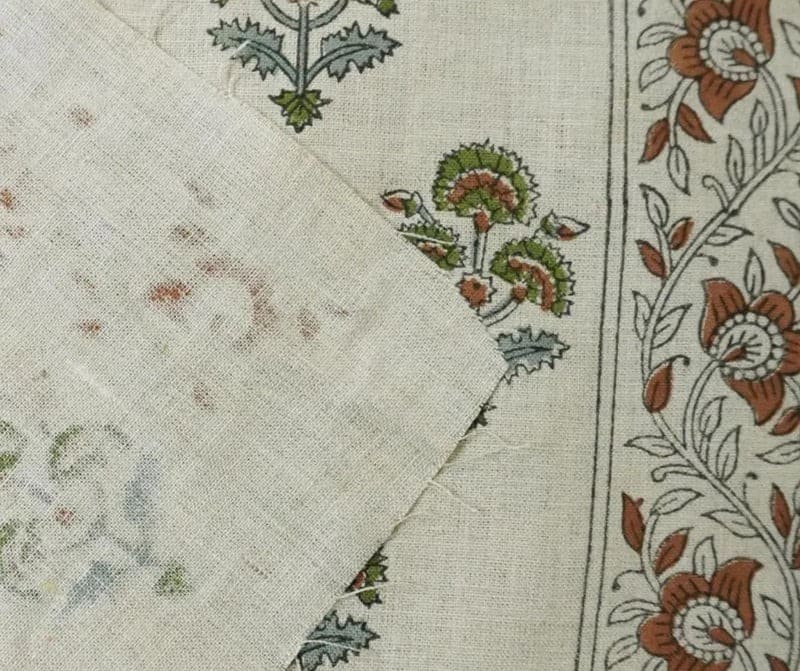 Handcarfted Block Print Green Pure Linen Fabric  – Traffic Border