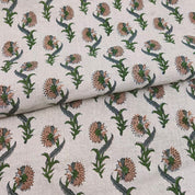 Handmade Block Print Beige Floral Pure Linen Fabric - Daffodil Flower