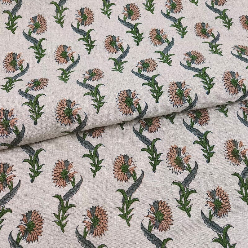 Handmade Block Print Beige Floral Pure Linen Fabric - Daffodil Flower