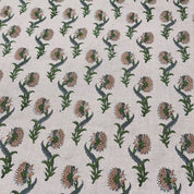 Handmade Block Print Beige Floral Pure Linen Fabric - Daffodil Flower