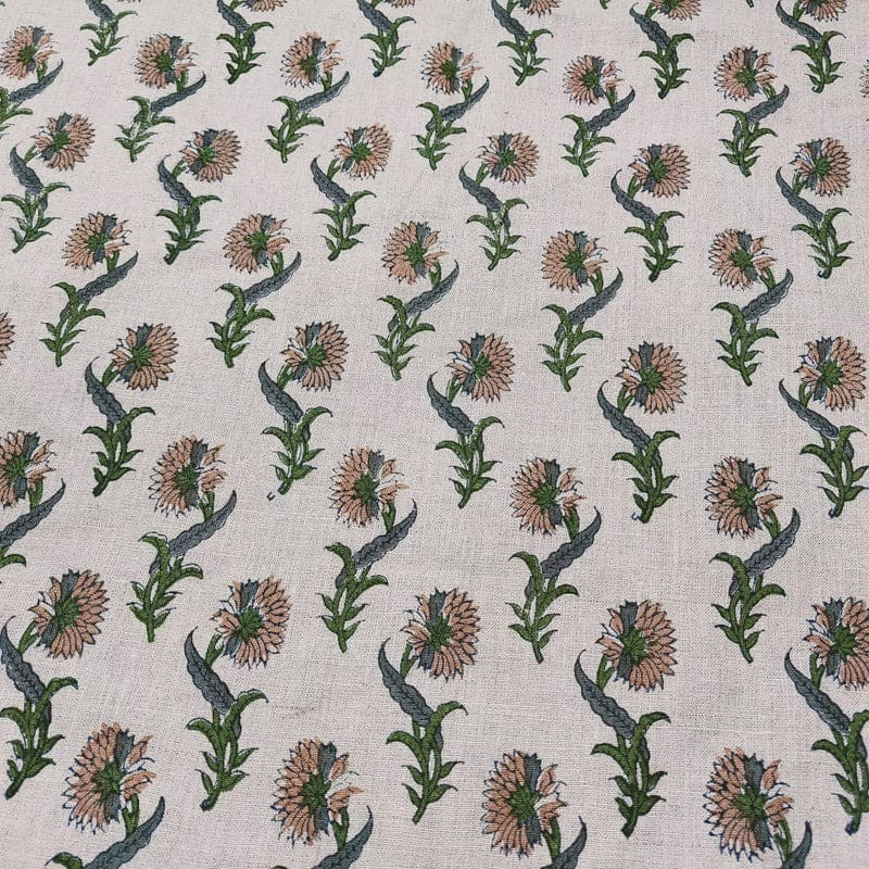 Handmade Block Print Beige Floral Pure Linen Fabric - Daffodil Flower