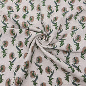 Handmade Block Print Beige Floral Pure Linen Fabric - Daffodil Flower