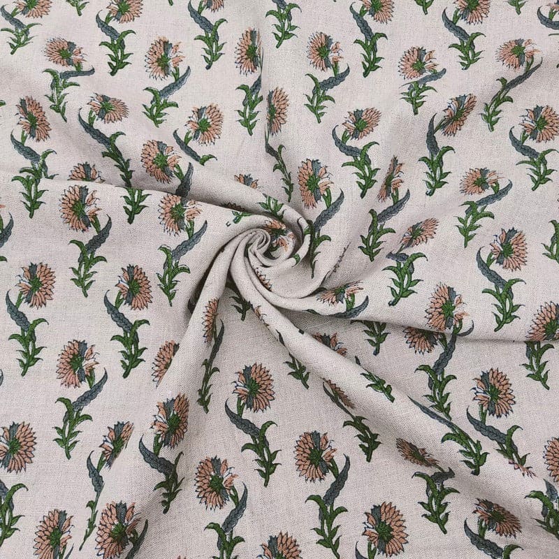 Handmade Block Print Beige Floral Pure Linen Fabric - Daffodil Flower