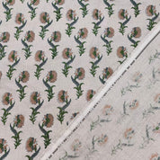 Handmade Block Print Beige Floral Pure Linen Fabric - Daffodil Flower