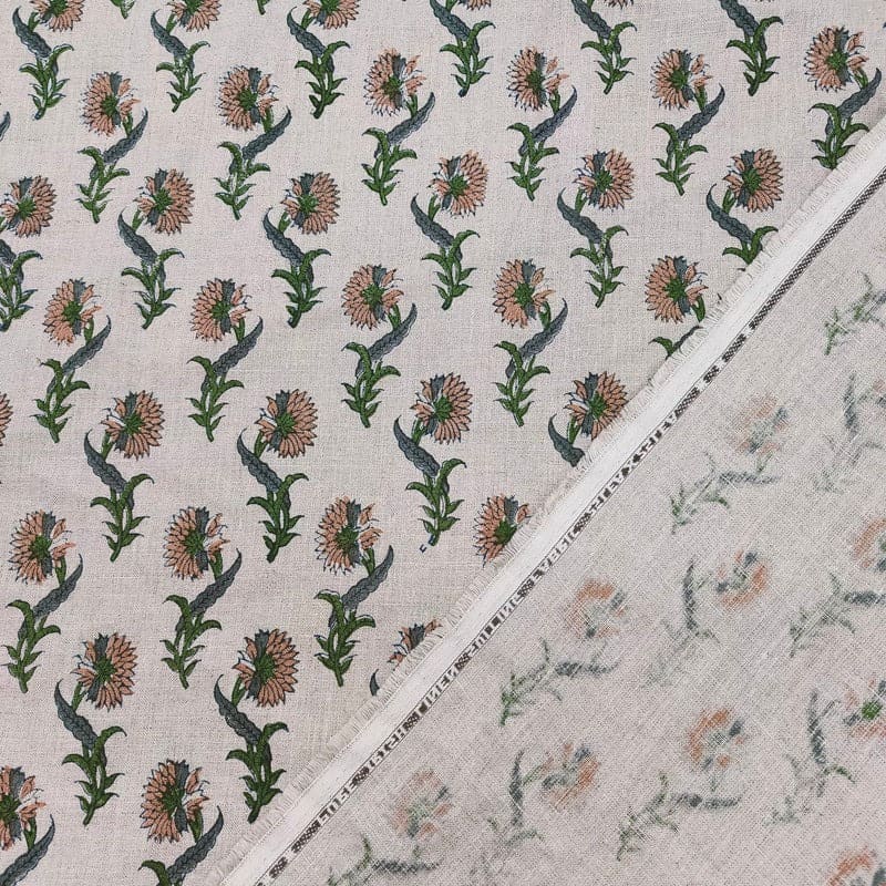 Handmade Block Print Beige Floral Pure Linen Fabric - Daffodil Flower