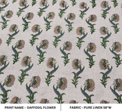 Handmade Block Print Beige Floral Pure Linen Fabric - Daffodil Flower