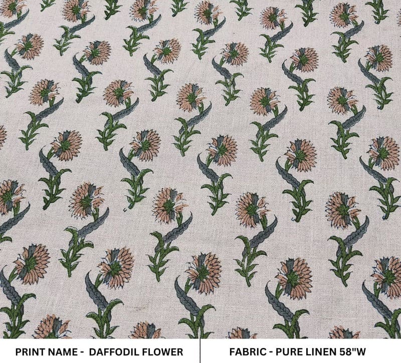 Handmade Block Print Beige Floral Pure Linen Fabric - Daffodil Flower
