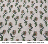 Handmade Block Print Beige Floral Pure Linen Fabric - Daffodil Flower