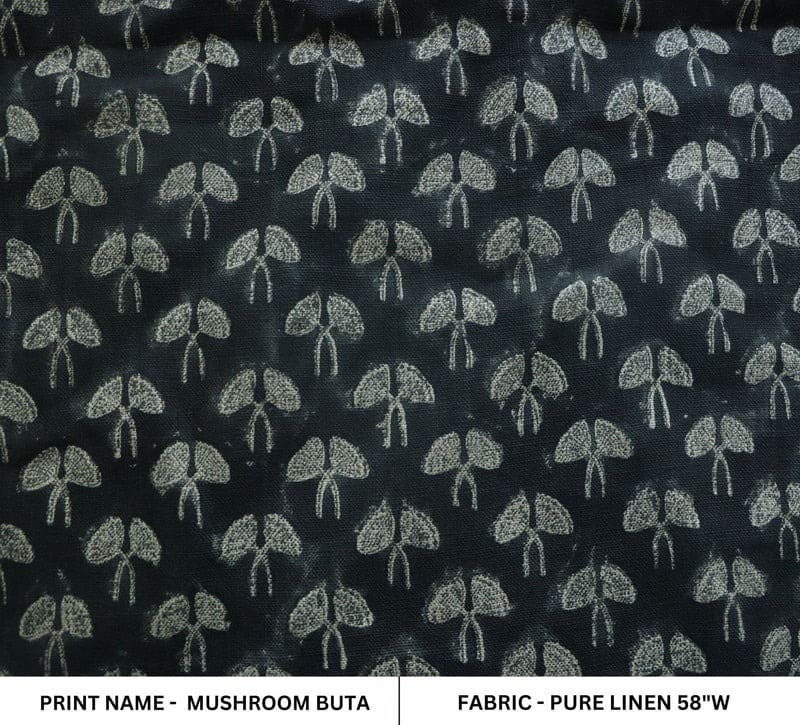 Eco Handcraft Block Print Black  Pure Linen Fabric – Mushroom Butta