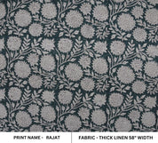 Handcraft Block Print Black Floral Thick Linen Pillow Fabric - Rajat