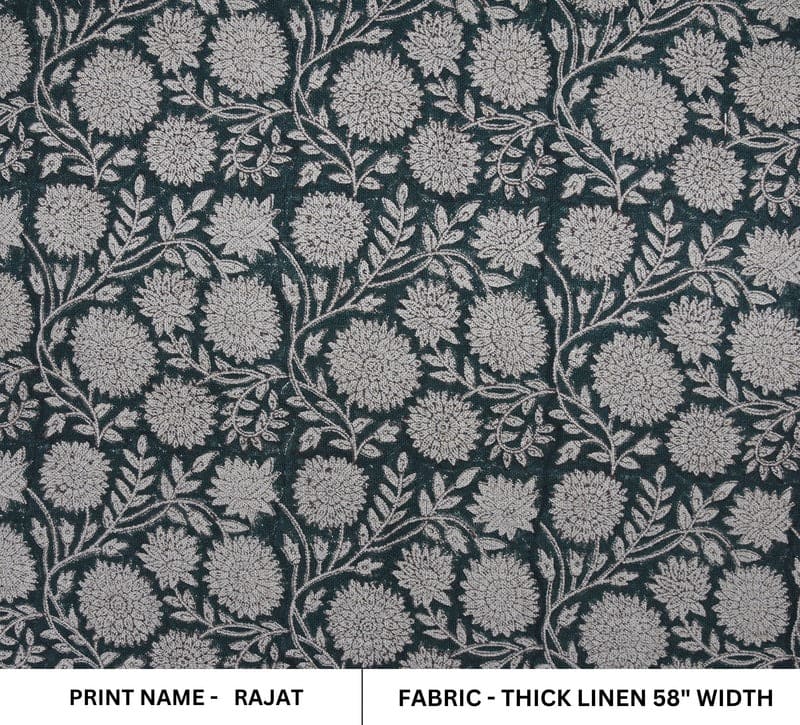 Handcraft Block Print Black Floral Thick Linen Pillow Fabric - Rajat