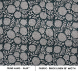 Handcraft Block Print Black Floral Thick Linen Pillow Fabric - Rajat