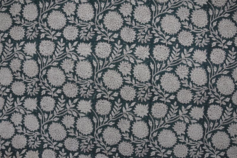 Handcraft Block Print Black Floral Thick Linen Pillow Fabric - Rajat