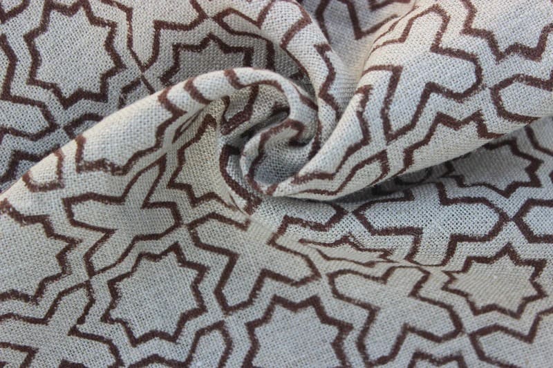 Handmade Block Print Brown Floral Thick Linen Fabric - Crossword