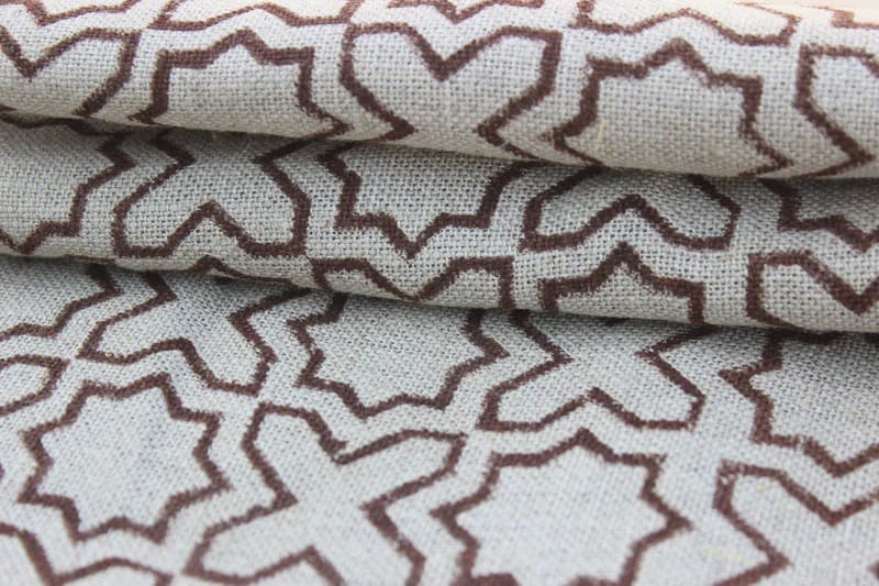 Handmade Block Print Brown Floral Thick Linen Fabric - Crossword