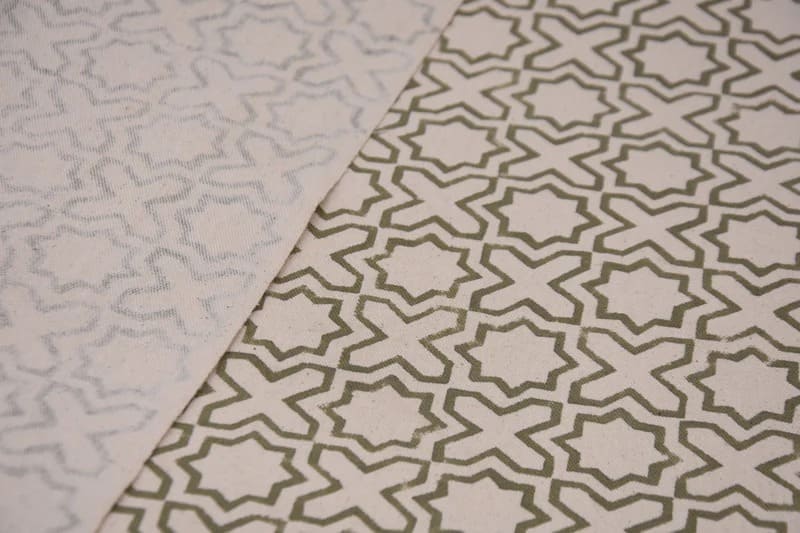 Handmade Block Print Beige Floral Duck Canvas Fabric - Crossword