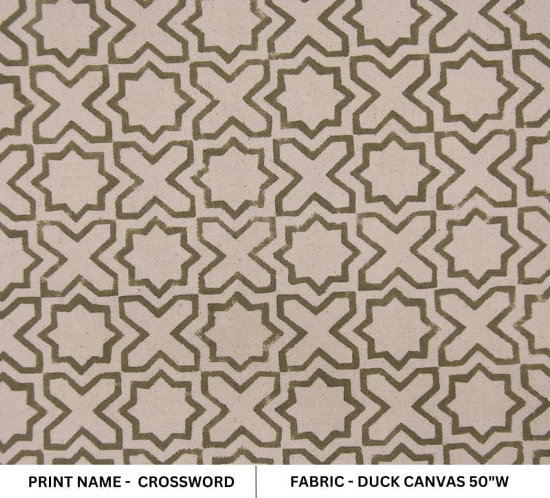 Handmade Block Print Beige Floral Duck Canvas Fabric - Crossword