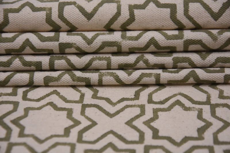 Handmade Block Print Beige Floral Duck Canvas Fabric - Crossword