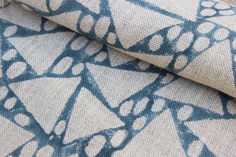 Handmade Block Print Blue Thick Linen Fabric 58"W -Triangle