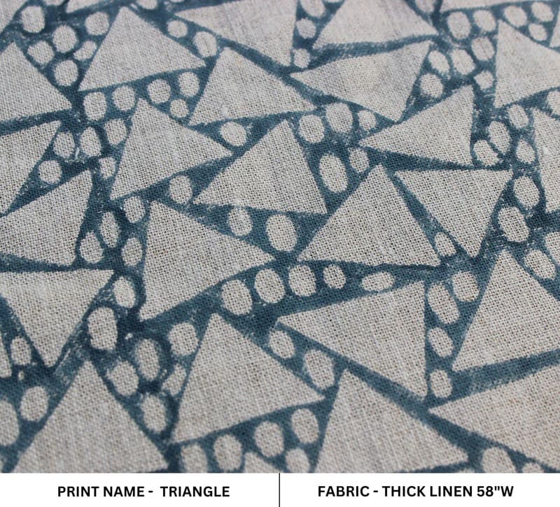 Handmade Block Print Blue Thick Linen Fabric 58"W -Triangle