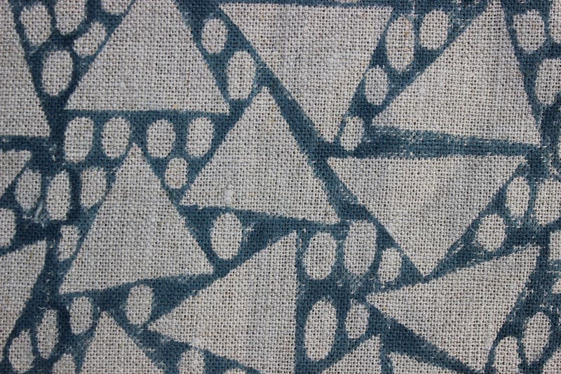 Handmade Block Print Blue Thick Linen Fabric 58"W -Triangle