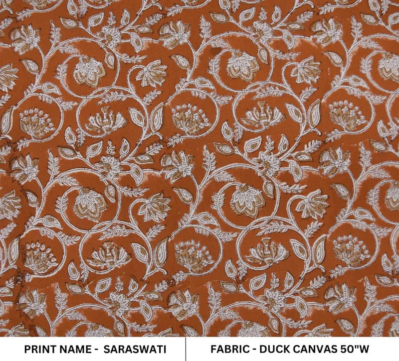 Handcrafted Block Print Rust Brown Floral Duck Canvas Fabric - Saraswati