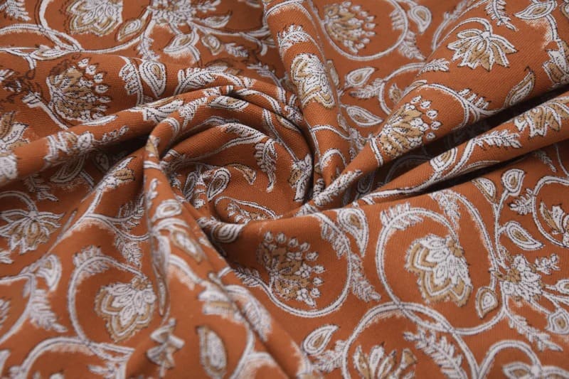 Handcrafted Block Print Rust Brown Floral Duck Canvas Fabric - Saraswati