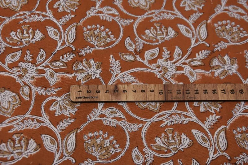 Handcrafted Block Print Rust Brown Floral Duck Canvas Fabric - Saraswati