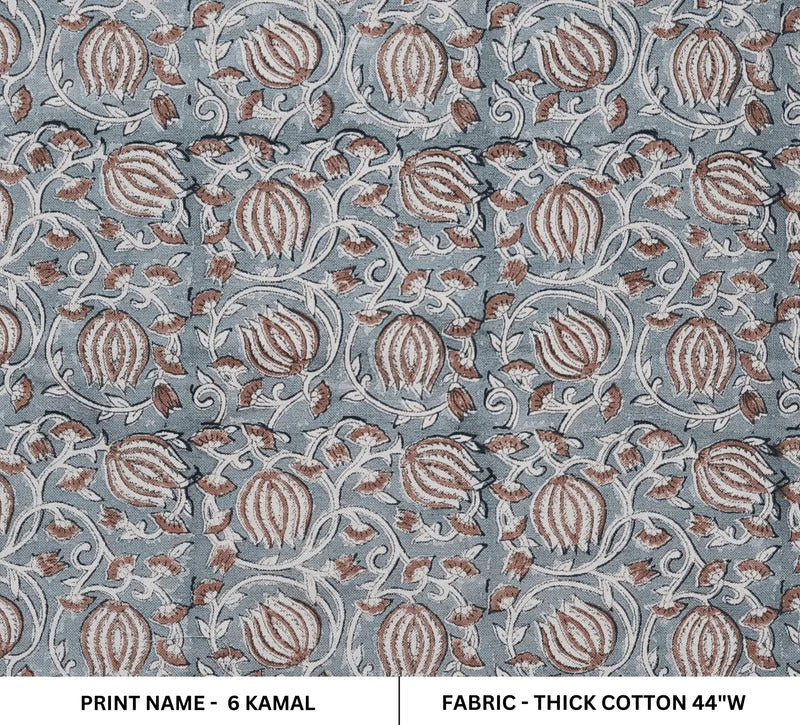 Handmade Block Print Brown Floral Thick Cotton Fabric - 6Kamal
