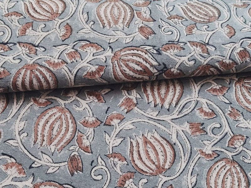 Handmade Block Print Brown Floral Thick Cotton Fabric - 6Kamal