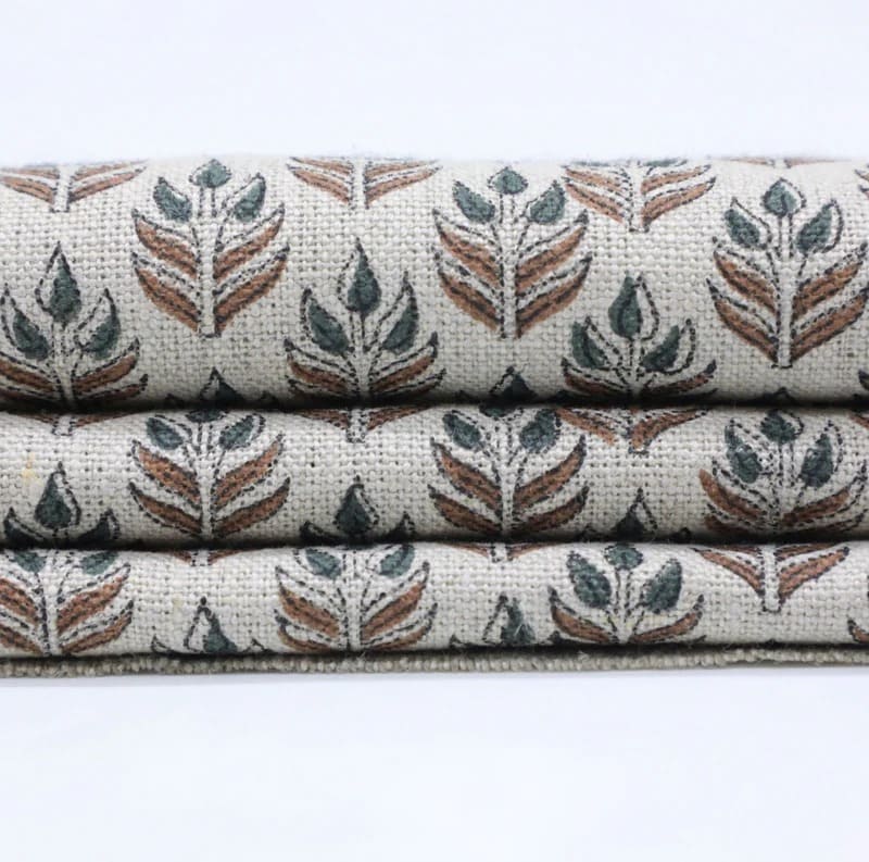 Handmade Block Print Brown & Green Thick linen Pure Fabric - Alia