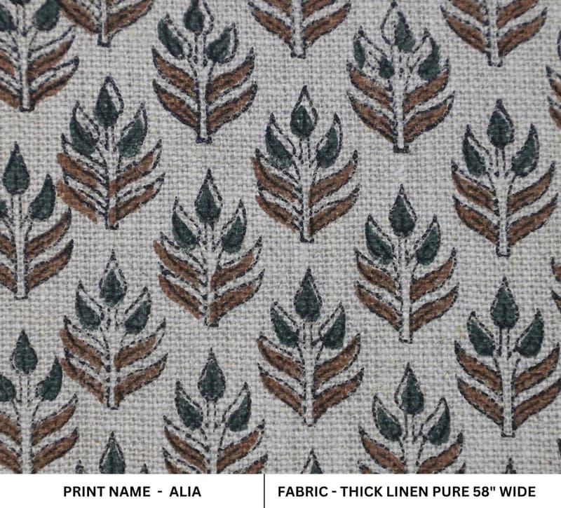 Handmade Block Print Brown & Green Thick linen Pure Fabric - Alia