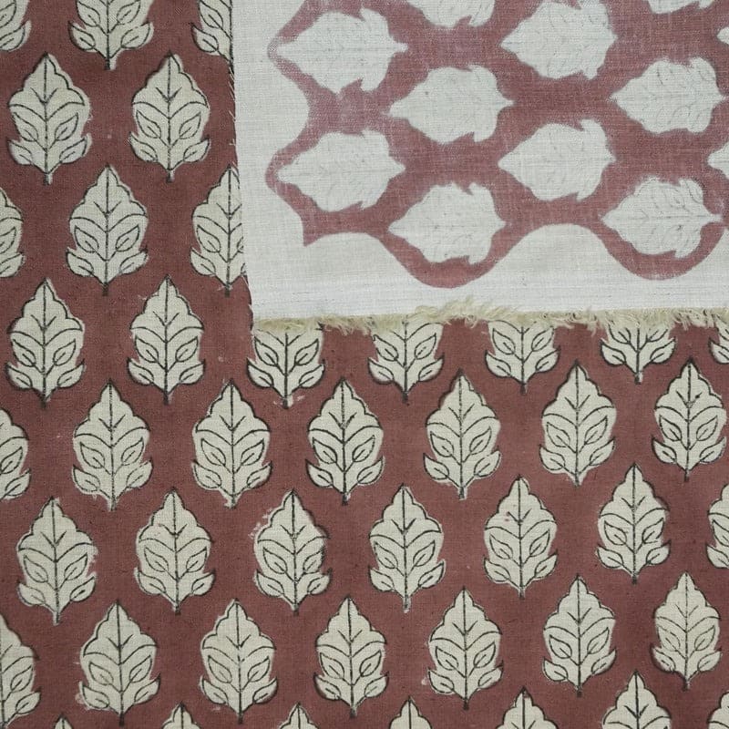 Handcrafted Block Print Floral Linen Fabric Brown Silver - Mayur