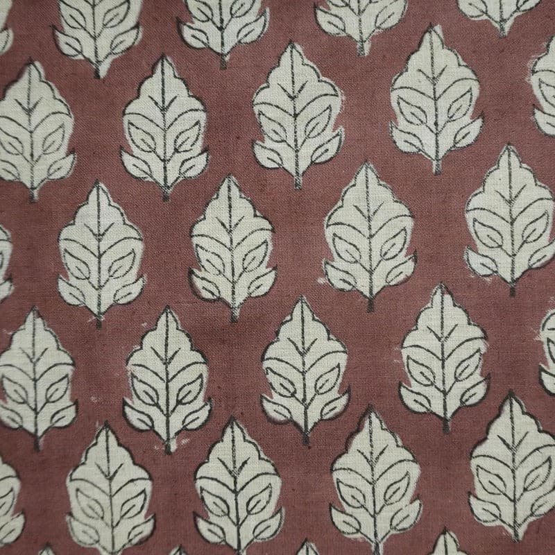 Handcrafted Block Print Floral Linen Fabric Brown Silver - Mayur