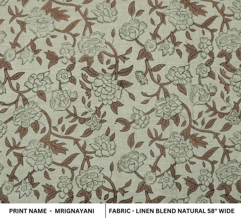 Handcrafted Block Print Floral Linen Fabric for Cushions - Mrignayani