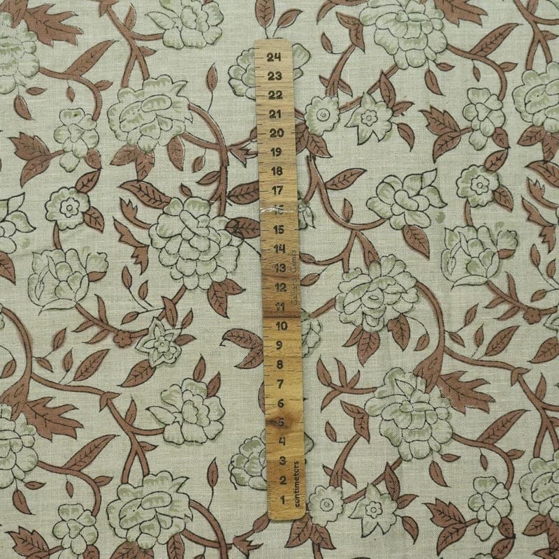 Handcrafted Block Print Floral Linen Fabric for Cushions - Mrignayani