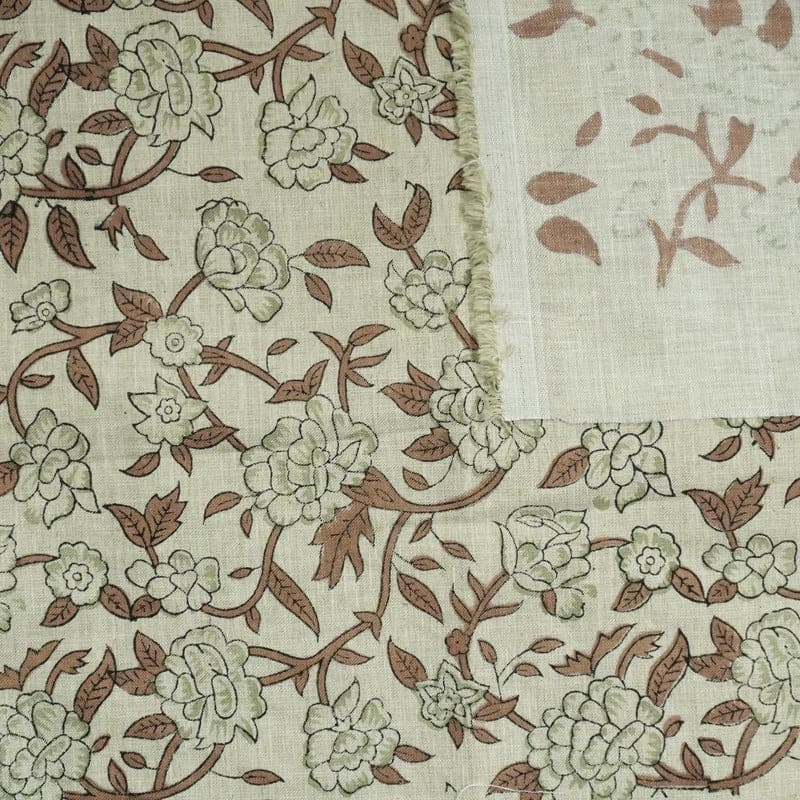 Handcrafted Block Print Floral Linen Fabric for Cushions - Mrignayani