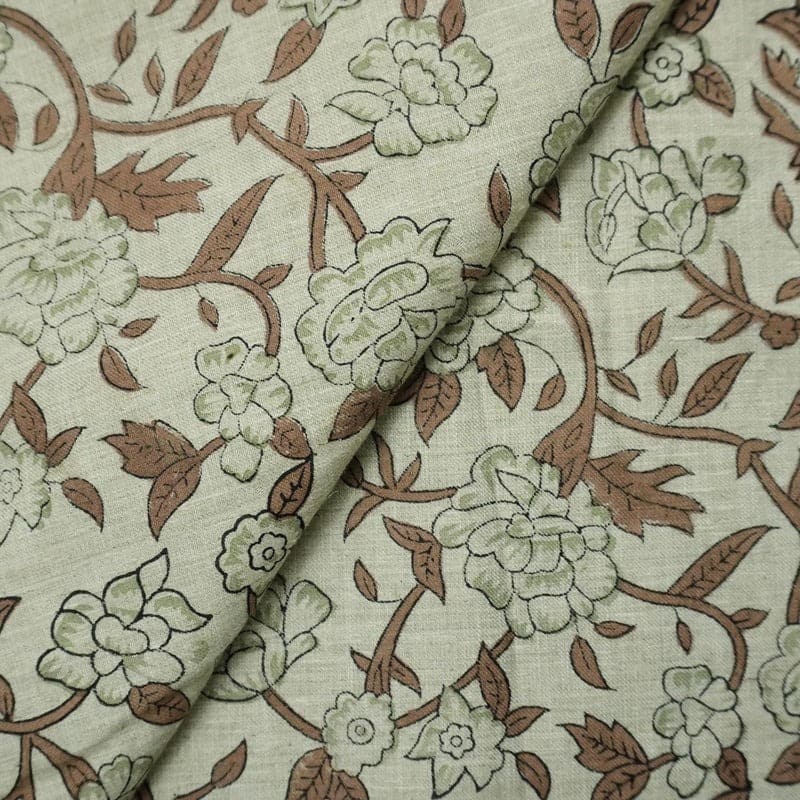 Handcrafted Block Print Floral Linen Fabric for Cushions - Mrignayani