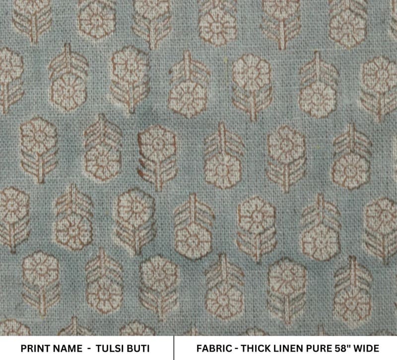Handcrafted Block Print Gray Thick Linen Pure  Fabric - Tulsi Buti