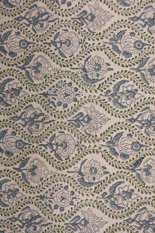 Handcrafted Block Print Green Floral Pure Linen Fabric  – Amarbel