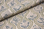 Handcrafted Block Print Green Floral Pure Linen Fabric  – Amarbel