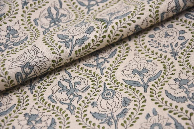 Handcrafted Block Print Green Floral Pure Linen Fabric  – Amarbel