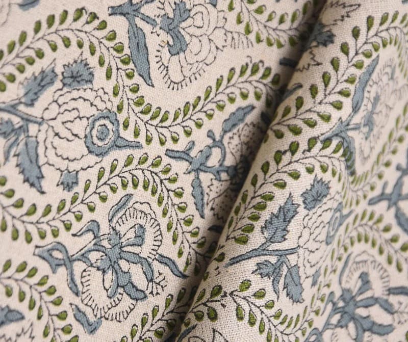 Handcrafted Block Print Green Floral Pure Linen Fabric  – Amarbel