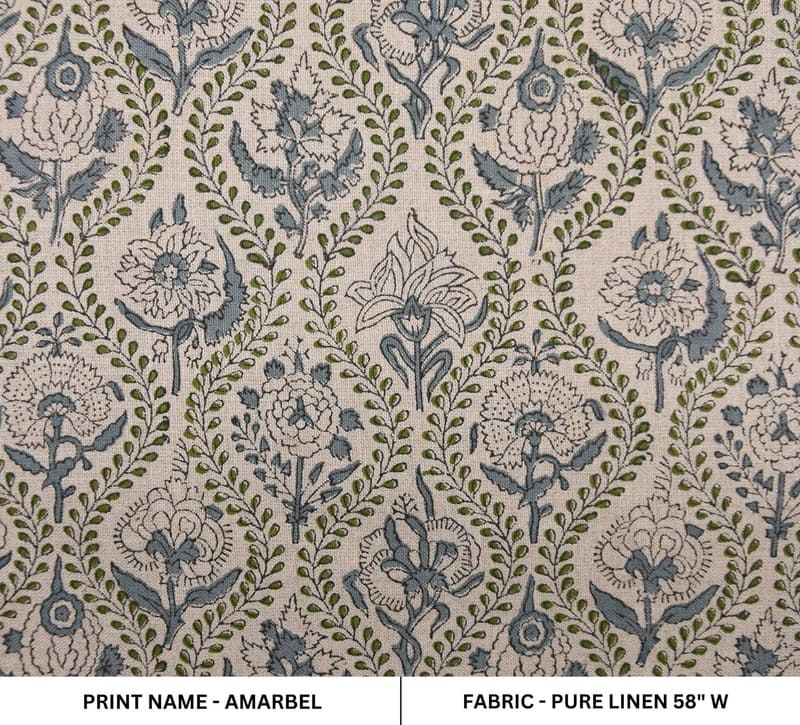 Handcrafted Block Print Green Floral Pure Linen Fabric  – Amarbel