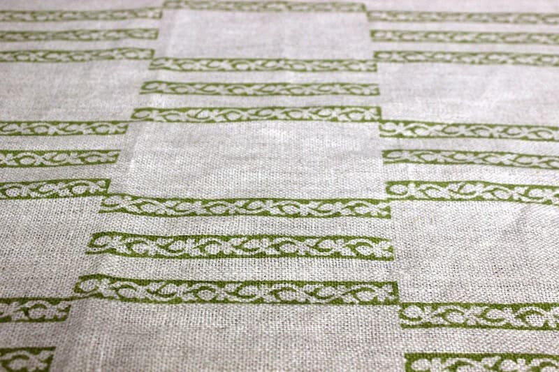 Hand Woven Block Print Green Floral Thick Linen Fabric - Ramsetu